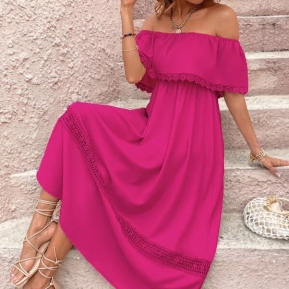 Hot Pink Off Shoulder Midi Dress - Picture 2 of 6